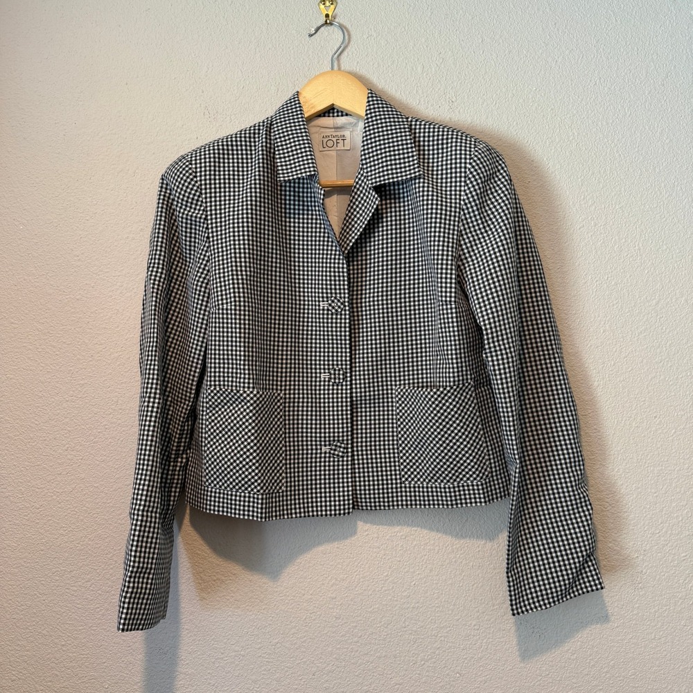 Ann Taylor Loft Black White Gingham Cropped Blazer Jacket 6P